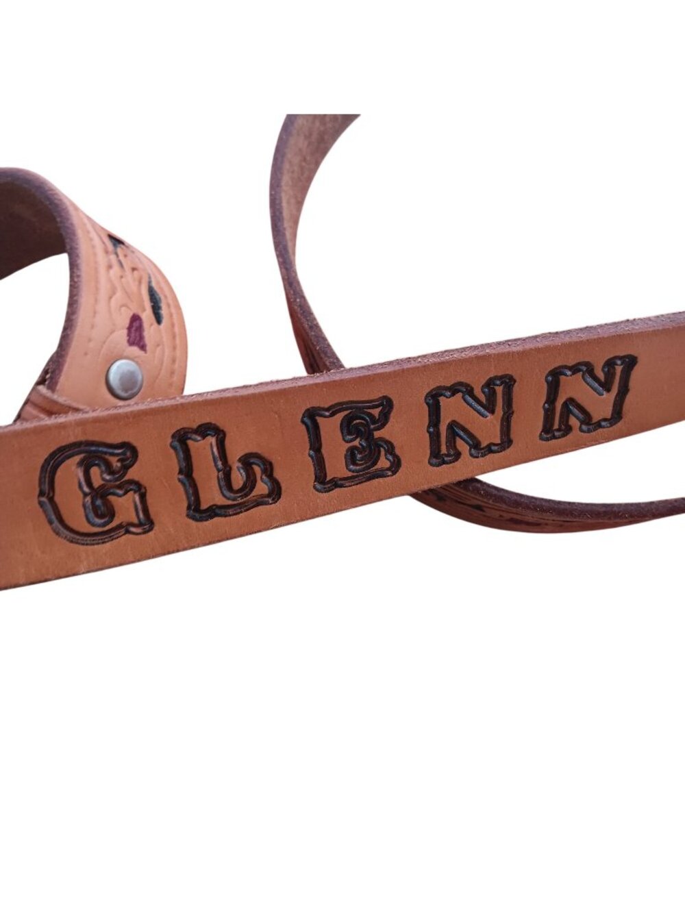 Vintage 38 Western Cowboy Belt Looper USA Monogram "Glenn" Tooled Floral 80s